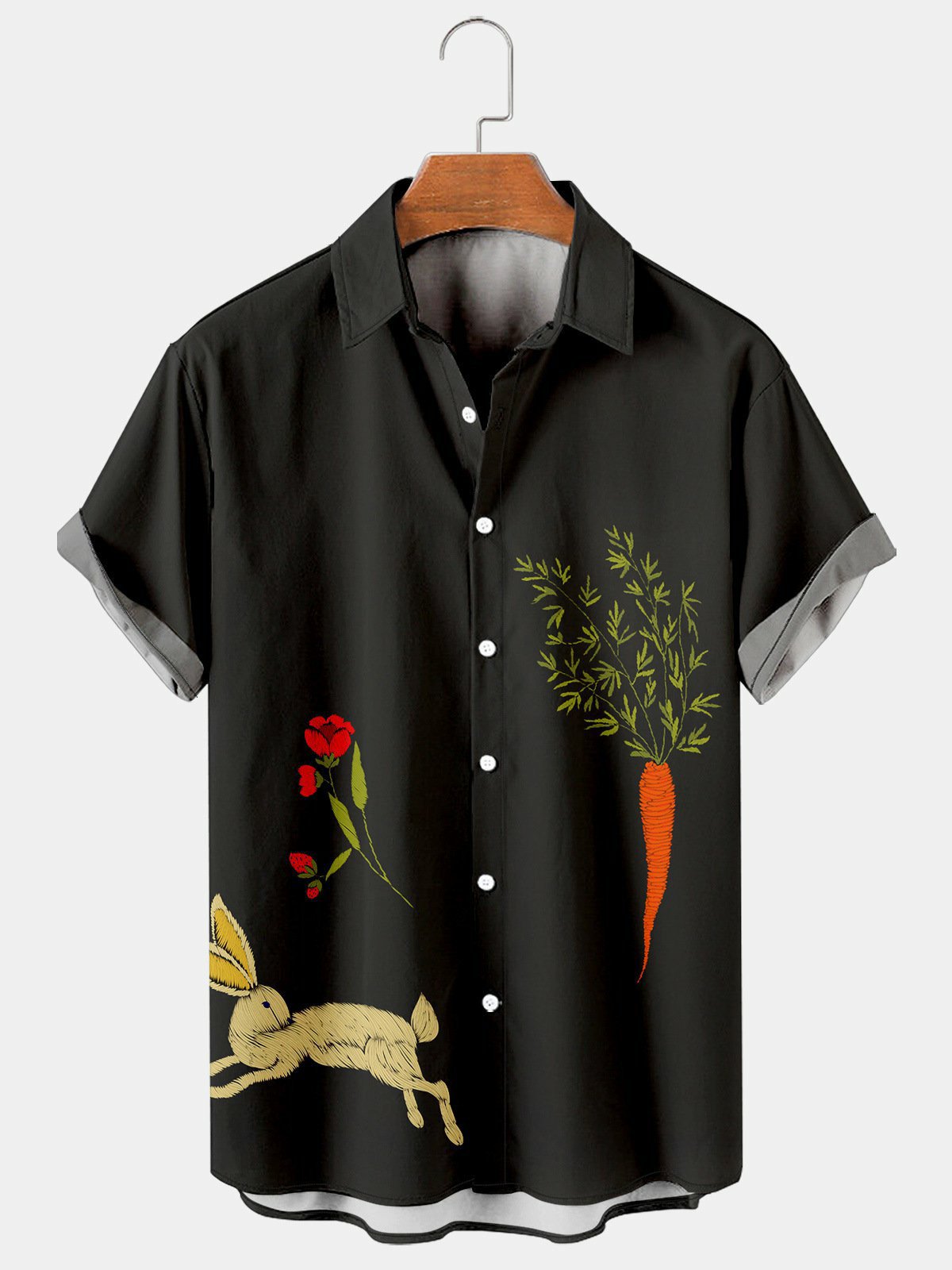 Mens Shirt Casual Button Up Short Sleeve Easter Eggs Black Casual Rabbit Shirts & Tops