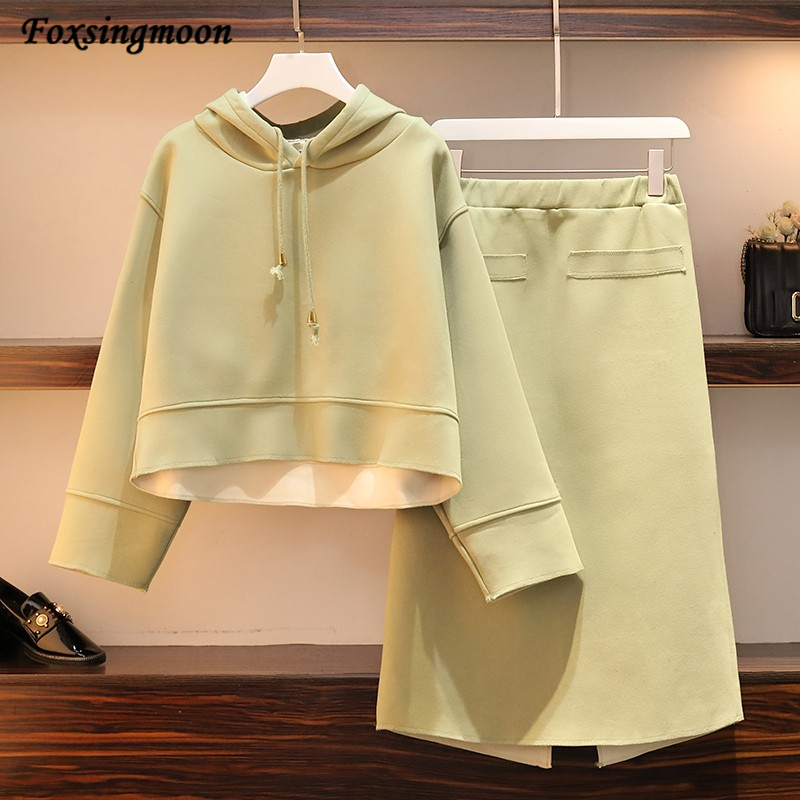 Women Casual Two Piece Set Women Elegant Hoodie Sweatshirt And Harajuku A-line Skirts Two Piece Set Front Pocket Drawstring Suit alx