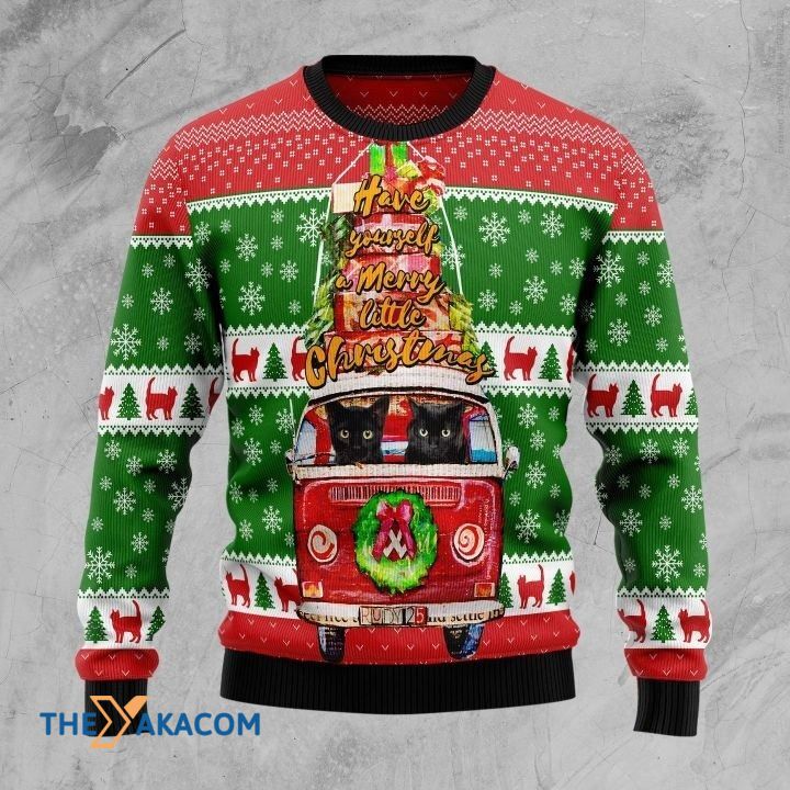 Black Cat In Red Bus Have Youself And Merry Little Christmas Gift For Christmas Ugly Christmas Sweater