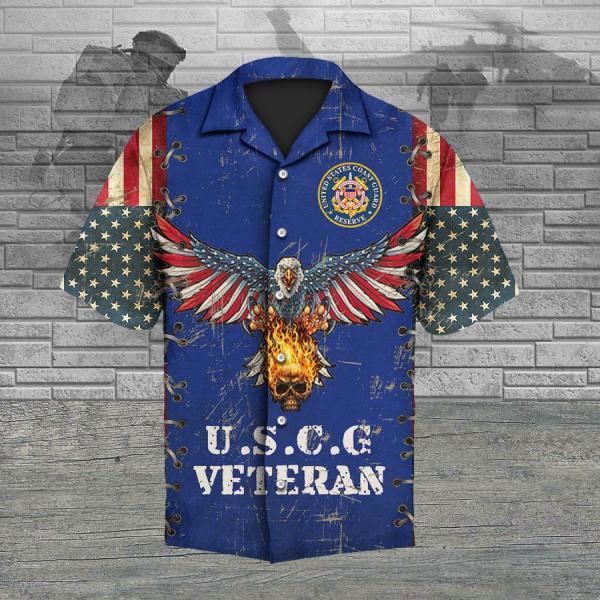 United States Coast Guard Reserve U.S.C.G Veteran Eagle And Fire Skull American Flag Veterans Day Hawaiian Shirt