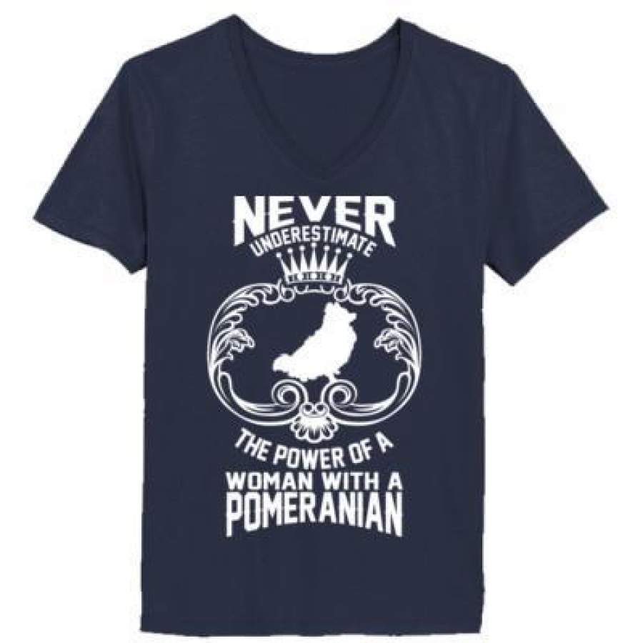 AGR Never Underestimate Power Of A Women With Pomeranian – Ladies’ V-Neck T-Shirt