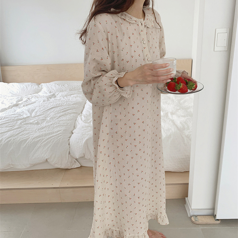 Autumn Ruffle Nightgown Women Cherry Print Sleep Dress Loose Casual Cute Homewear Long Sleeve O-neck Nightdress Sexy Soft S1032 alx