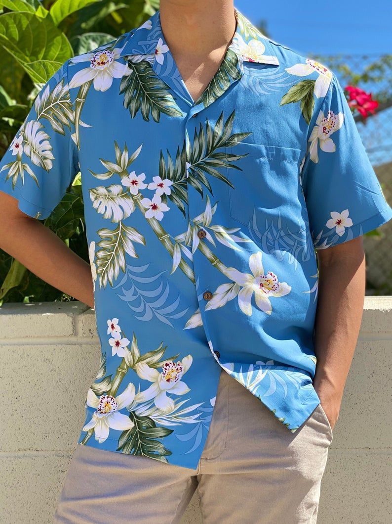 Rayon Bamboo Orchid Floral Hawaii Aloha Blue Best Design Hawaii Shirt Ha79776