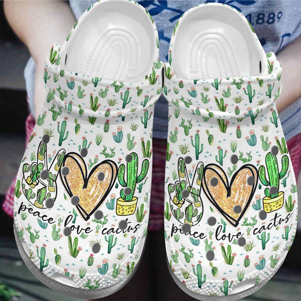 Cactus Personalize Clog, Custom Name, Text, Fashion Style For Women, Men, Kid, Print 3D Whitesole Peace Love Cactus