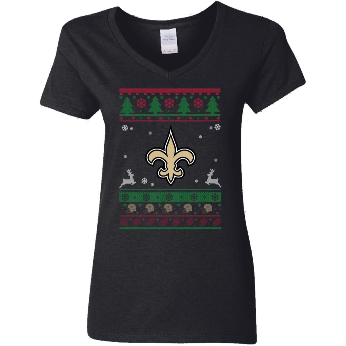 New Orleans Saints Logo Football Teams Ugly Christmas Sweater Women V-Neck T-Shirt