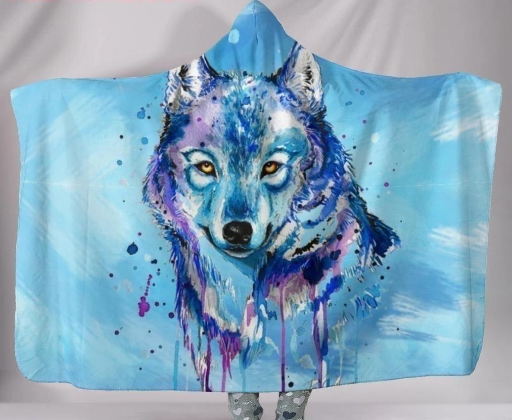Watercolour Wolf Plush Hooded Blanket