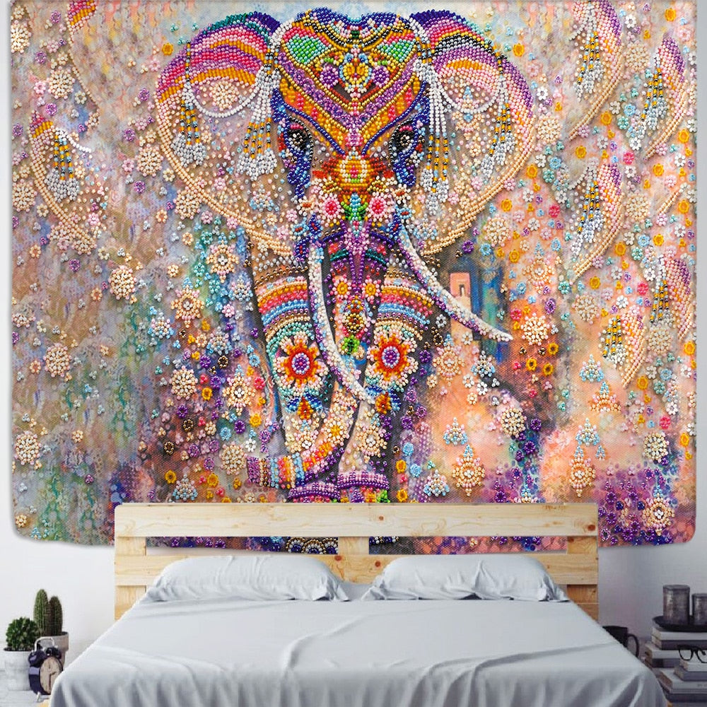 Hippie60S Colorful Pearl Elephant Tapestry 3D Mosaic Style Hippie Boho Wall Tapestries Mandala Fabric  Mat Living Room Decor