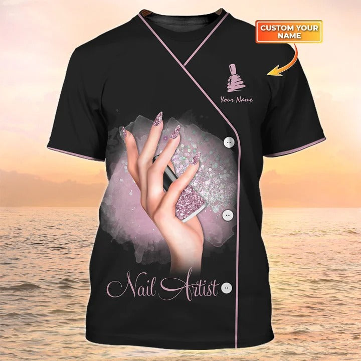 Personalized Name Nail Artist T Shirt Custom Nail Salon Uniform Manicurist Gift