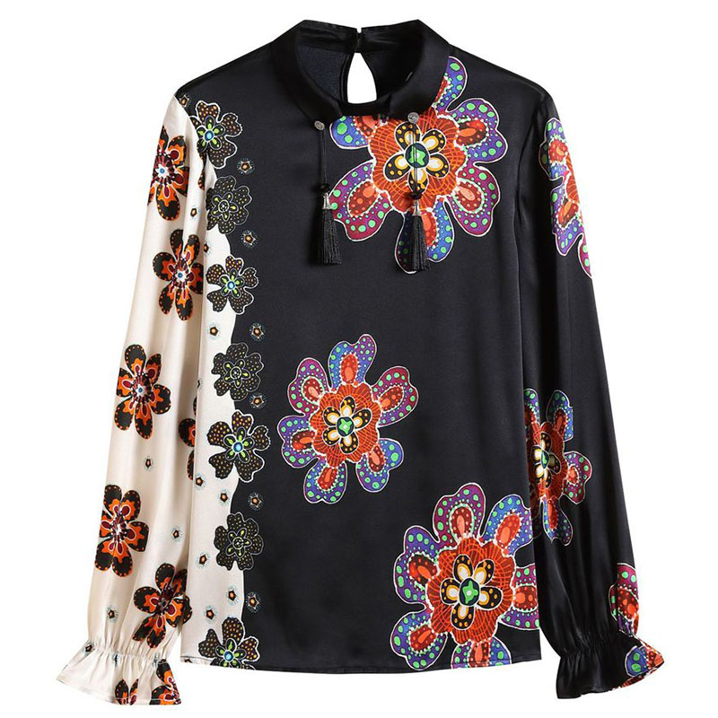 Spring Autumn Women’s Vintage Blouse Elegant Long Sleeve Floral Print Shirts Blouses Loose Female Real Silk Satin Blouse Tops alx