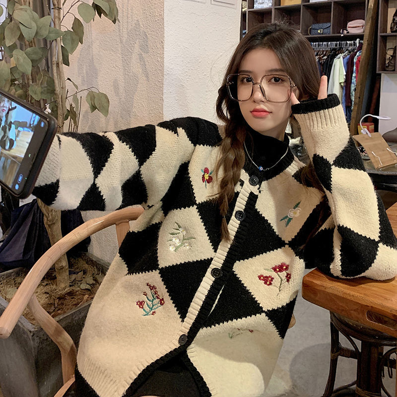 Sweater Cardigan Women Argyle Design Students Sweet Soft Retro Embroidery Fashion Loose Korean Style Autumn Christmas Casual Ins alx