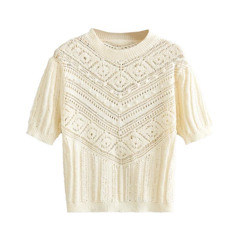 Women Fashion Apricot Crochet Knitted Sweater jumper Female Elegant Hollow Out O Neck Short Sleeve Casual Pullovers Chic Tops alx