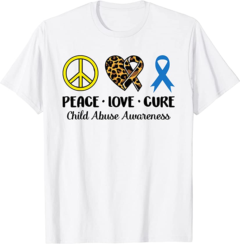 Child Abuse Awareness Peace Love Leopard Heart Ribbon Family T-Shirt