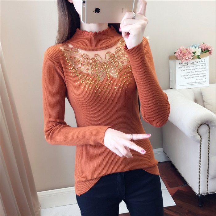 2022 Lace Winter Wave Turtleneck Pullovers Sexy Butterfly Hollow Out Autumn Red Sweaters Lady Diamond Full Sleeve Stretch Jumper alx