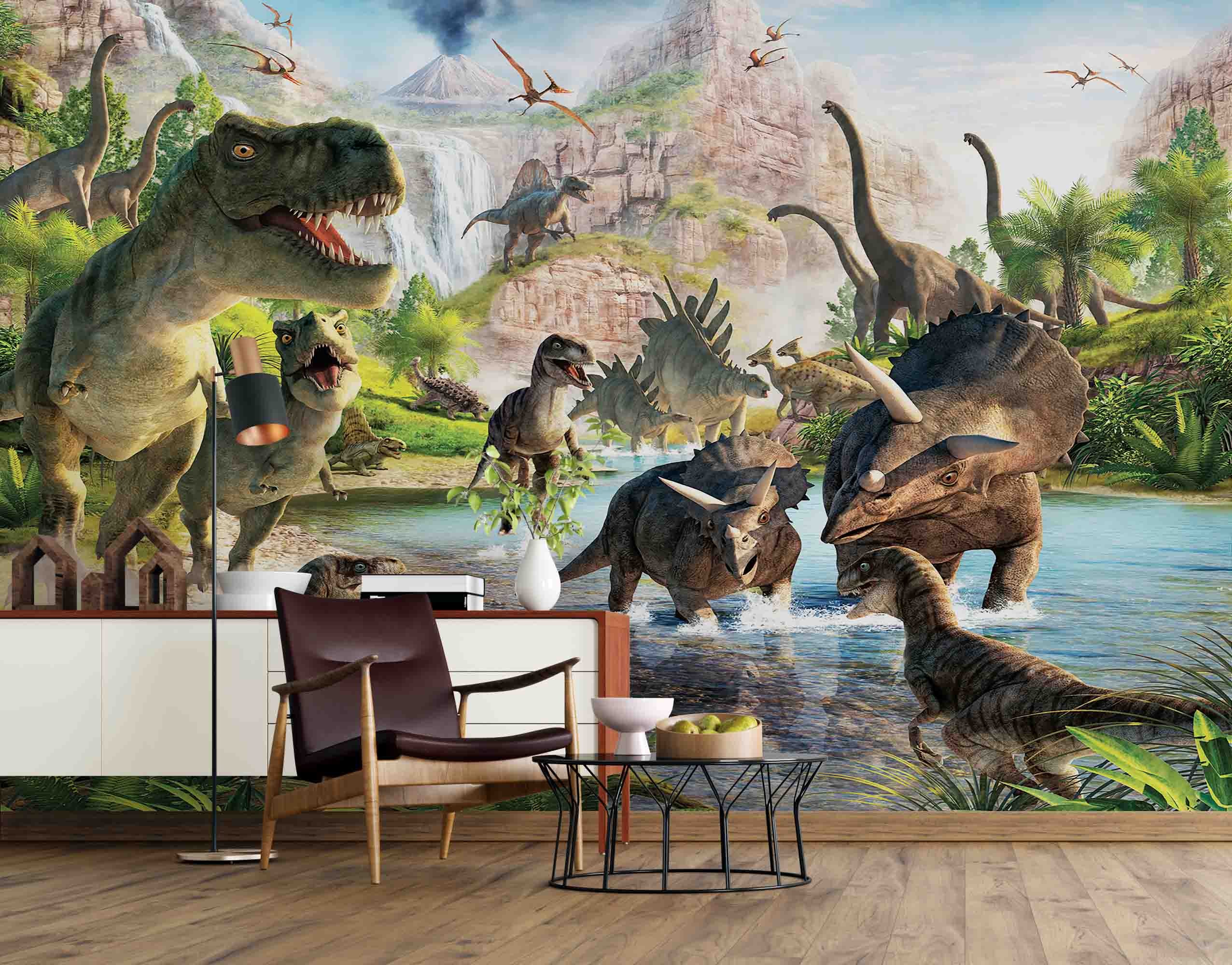 3D Hand Drawn Retro Dinosaur Tropical Plant Rock Mountain Lake Wall Mural Wallpaper Gd 1878