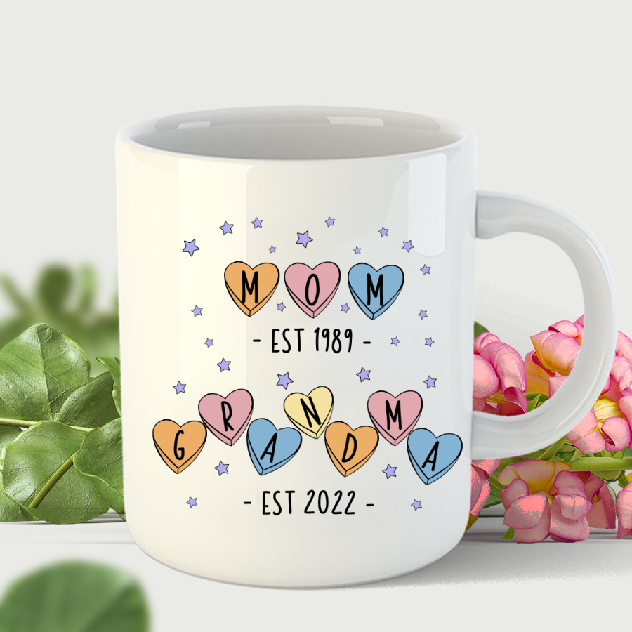 Personalized Mom Est Grandma Est Hearts Mug