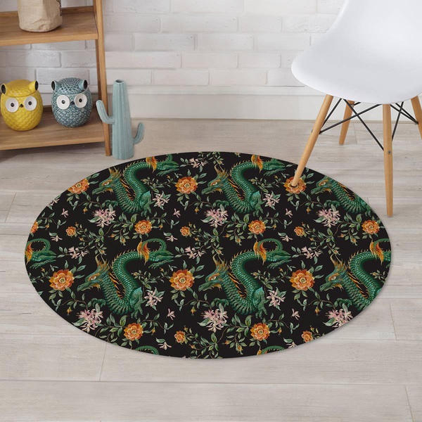 Chinese Green Dragon Print Round Rug