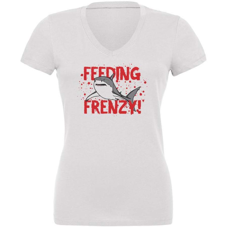 Shark Bloody Feeding Frenzy Juniors V-Neck T Shirt