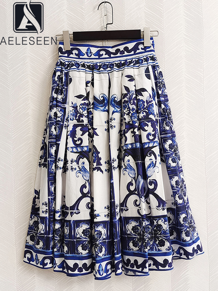 AELESEEN 2022 Women 100% Cotton Skirt Runway Fashion Sicilian Porcelian Printed Blue White Flower Elegant Long Party Holiday alx