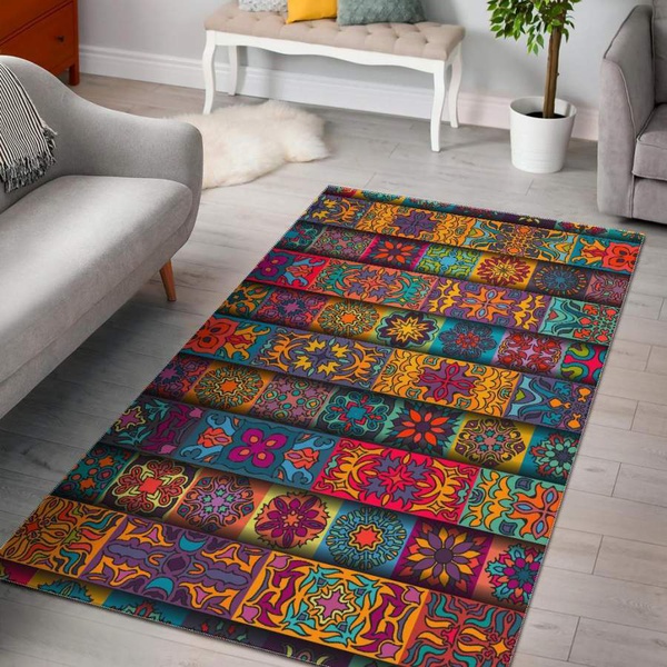 Rectangle Mandala Bohemian Pattern Print Area Rug