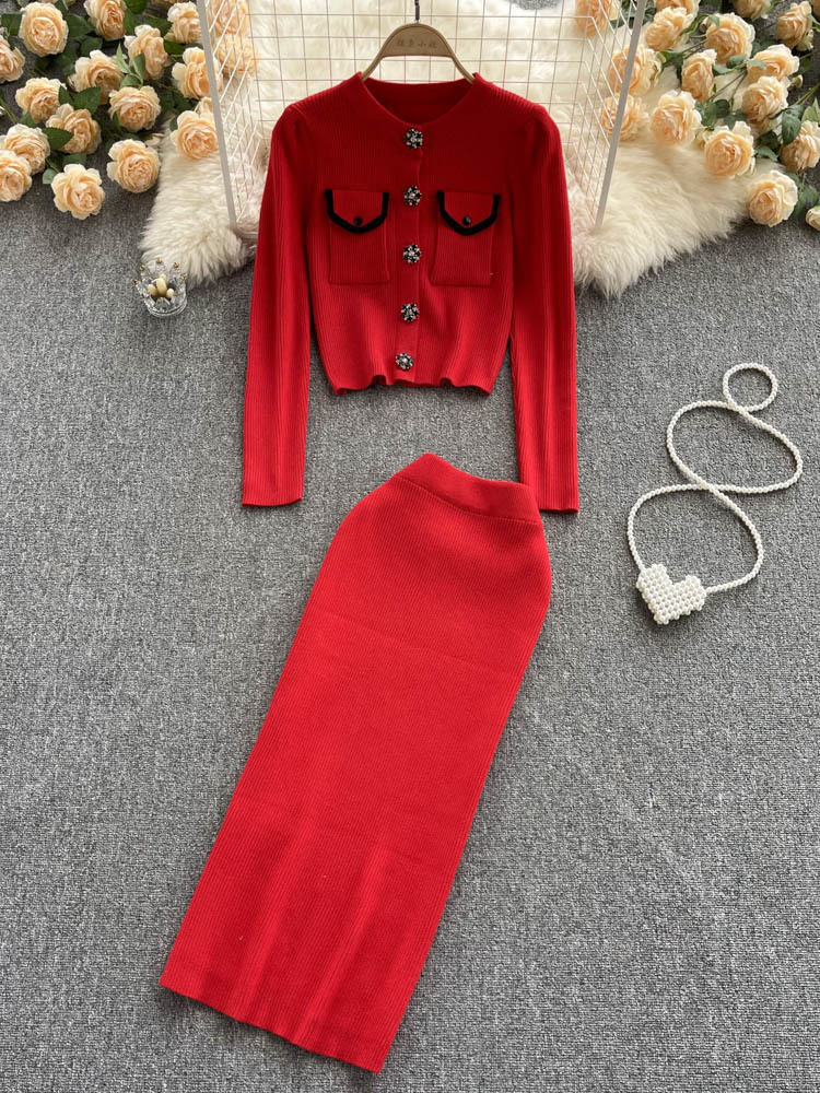 Autumn Vintage Knitted Two Piece Set Skirt Suits Fashion Women Long Sleeve Cardigan Sweater And Midi Skirt Elegant 2pcs Outfits alx