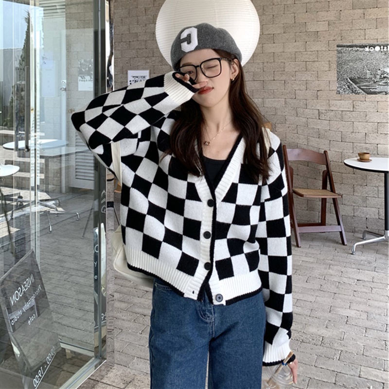 Cropped Checkered Retro Cardigan Women Fashion Knitting Sweaters Thermal Heating Casual Stylish Single Breasted V Neck Knitwear alx