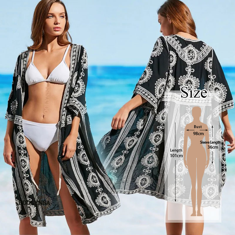 2022 Black Indie Folk Embroidered Plus Size Summer Beach Wear Kimono Cardigan Women Cotton Tops and Blouse Shirts Sarongs N940 alx