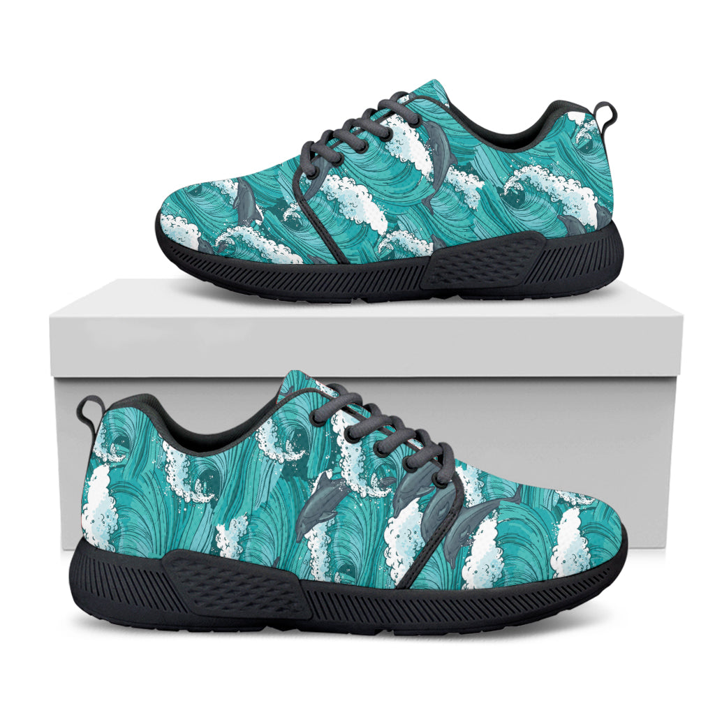 Dolphin Riding Waves Pattern Print Black Athletic Shoes