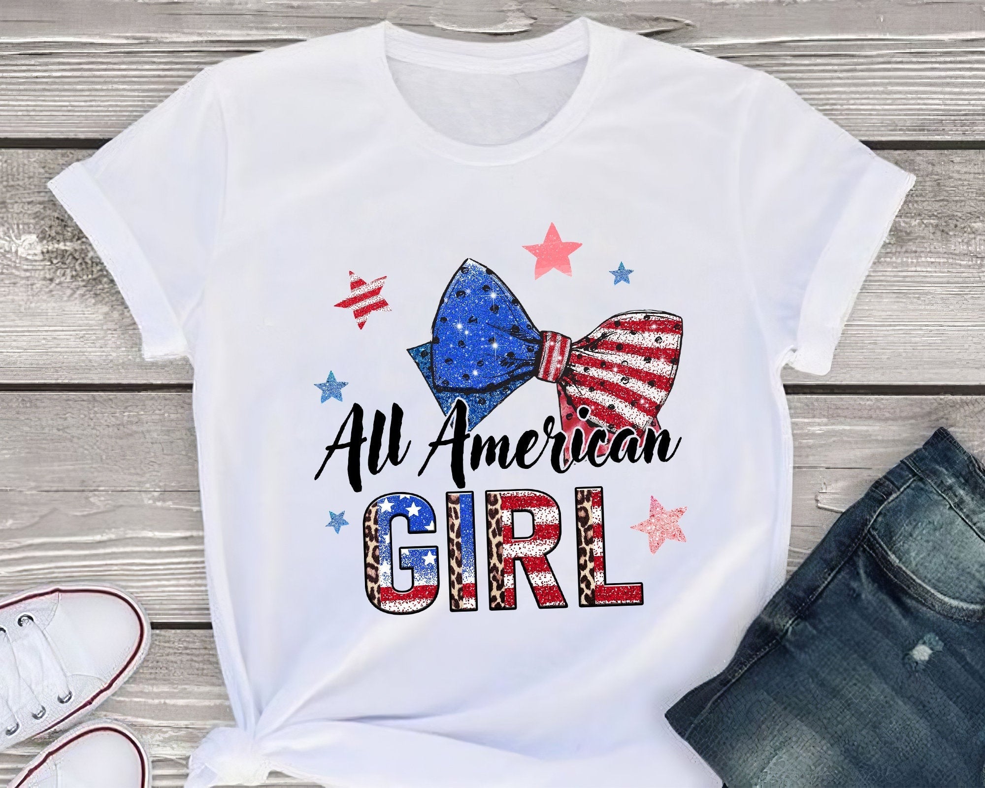 Classic T-Shirt For Women All American Girl With Bow Tie & Us Flag Art Printed Red White Blue Leopard Design Shirt