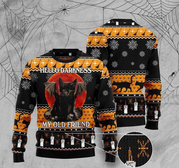 Halloween Black Cat Hello Darkness My Old Friend Ugly Christmas Sweater | For Men & Women | Adult | Us6188