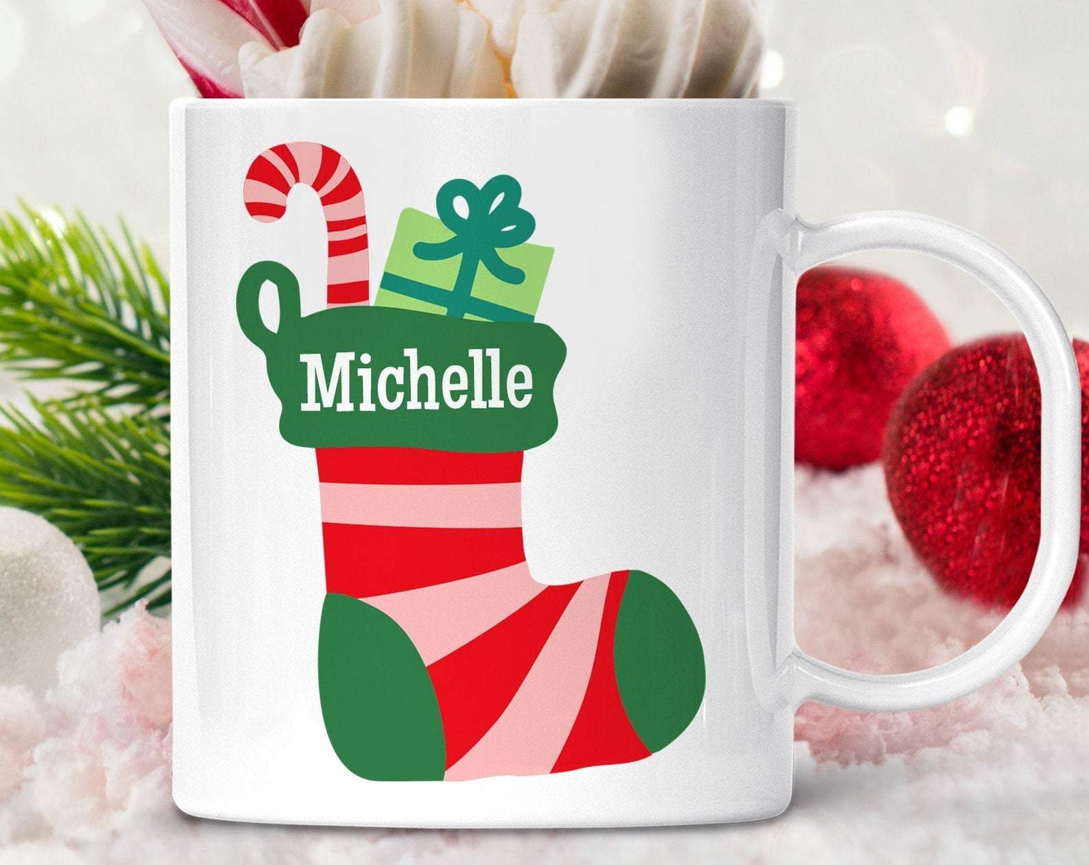 Pesonalized Name Kids Ized With Christmas Stocking With Candy Cane Unbreakable Kids Bpa Mug White Ceramic 11-15Oz Coffee Tea Cup