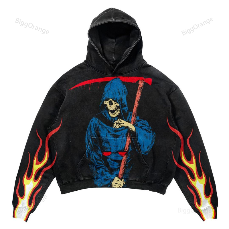 Y2k Skull Flame Pullover Hoodie Men Women American Autumn Winter New Sweatshirt Street Style Loose Thickened Casual Hoodie Top alx