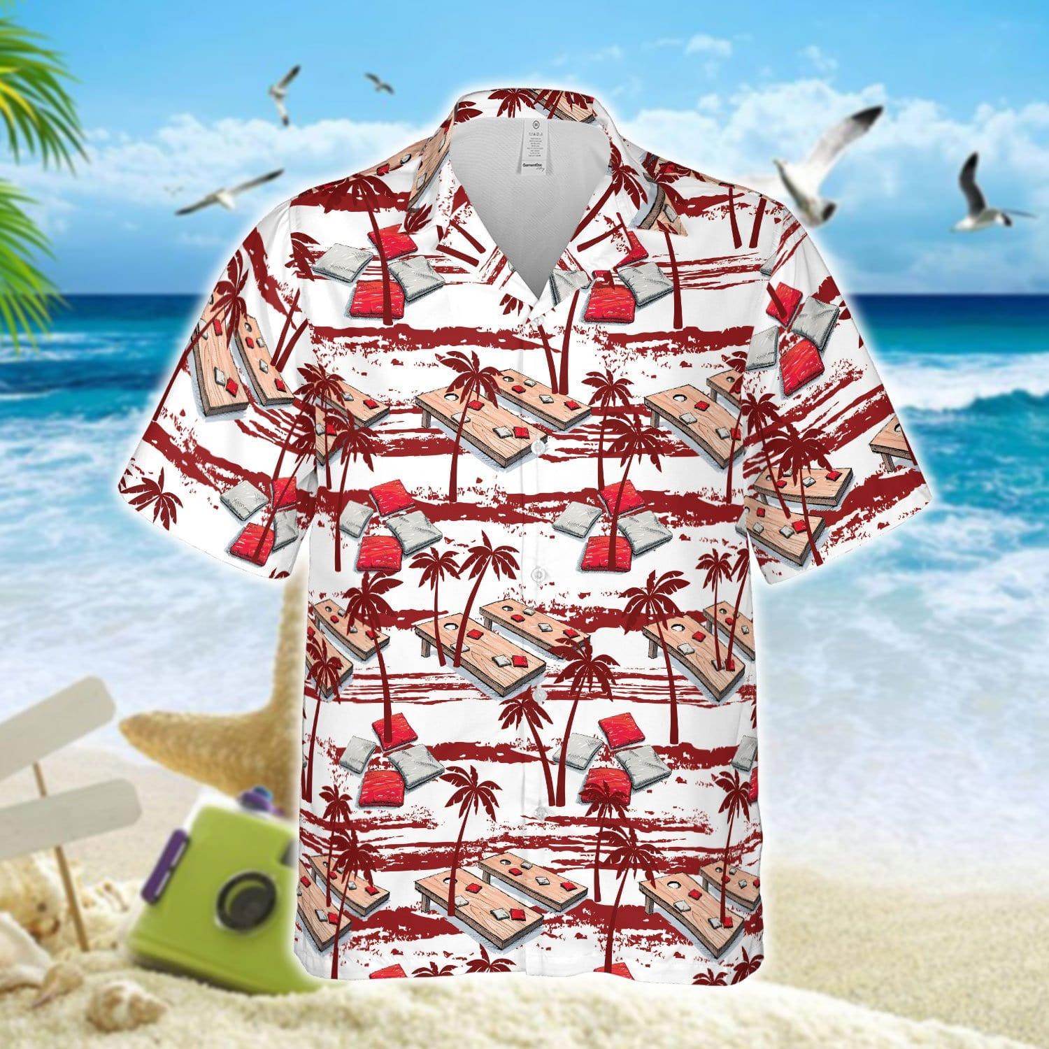 Amazing Cornhole Red Palm Tree Unisex Hawaii Shirts Beach Shorts Ha71352