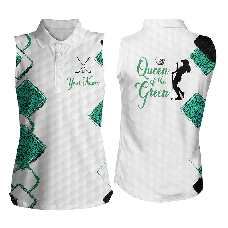 Women’S Sleeveless Golf Polo Shirt, Queen Of The Green Custom Funny White And Green Leopard Golf Shirt