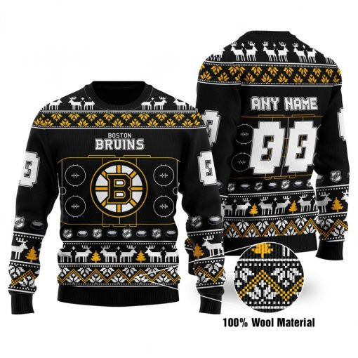 Boston Bruins Custom Name Number Black Stadium Gift For Fan Ugly Wool Sweater Christmas