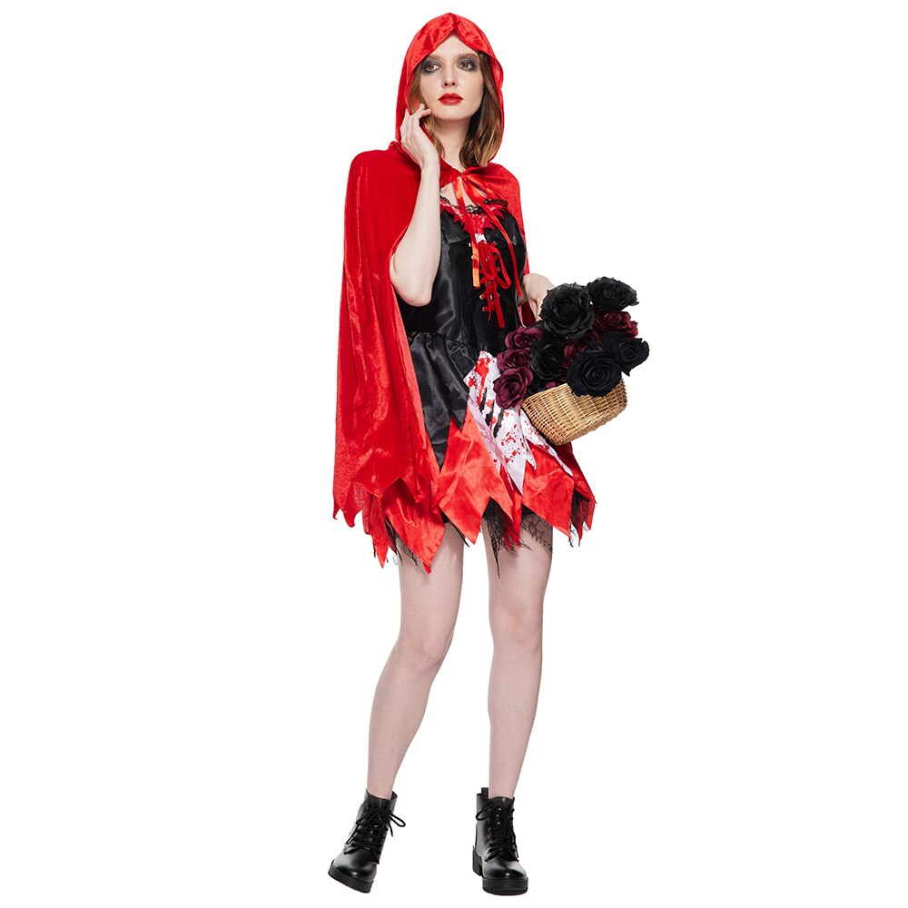 Women Little Red Riding Hood Costume Female Halloween Costume Bloody Mary Cosplay Sexy Skirt With Red Cloak Carnival Party Purim alx