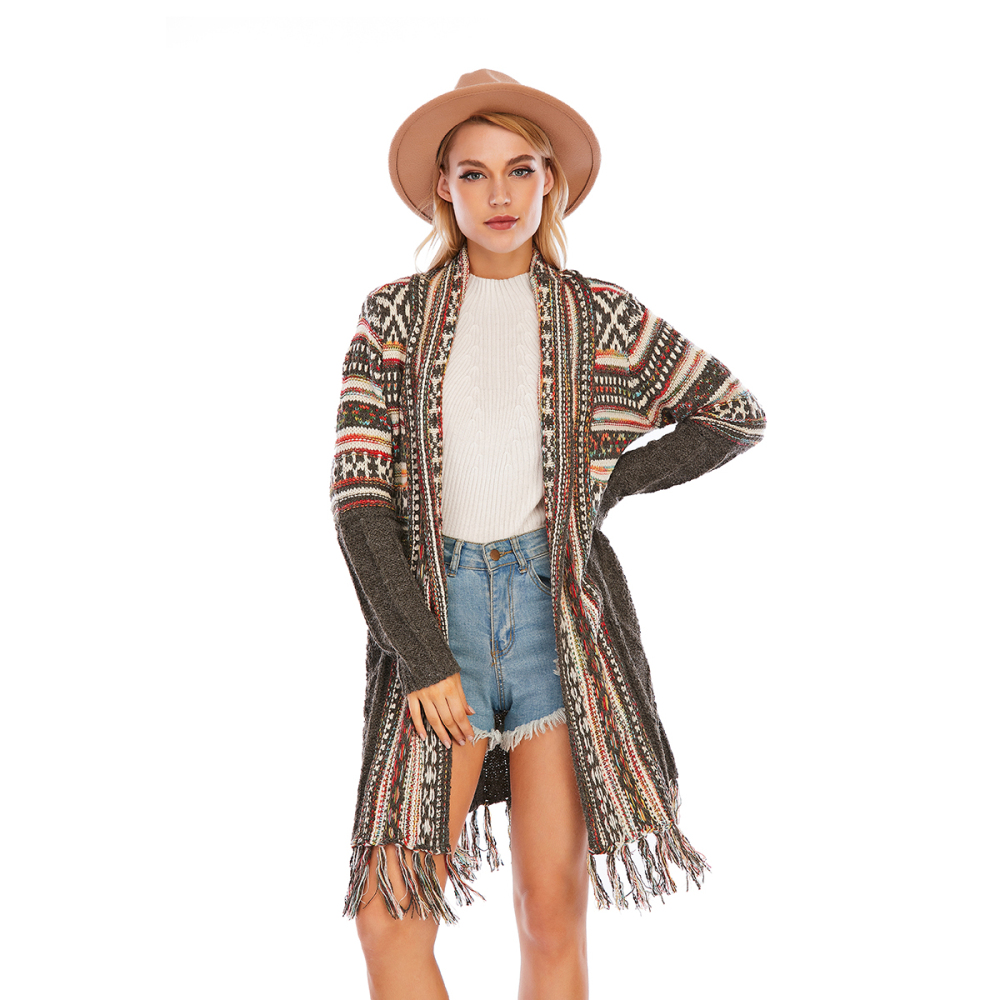 CGYY Women’s Colorful Boho Sweater Black Color Knitted Open Front Autumn Spring Cardigan With Fringe Tassel And Pockets alx