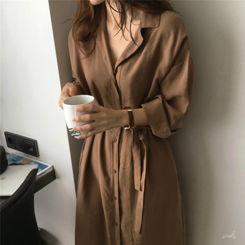 2020 Spring Autumn New Fashion Female Batwing Sleeve Vintage Solid Shirt Utility Dress Women Casual Loose Wrap Dress Oversize alx