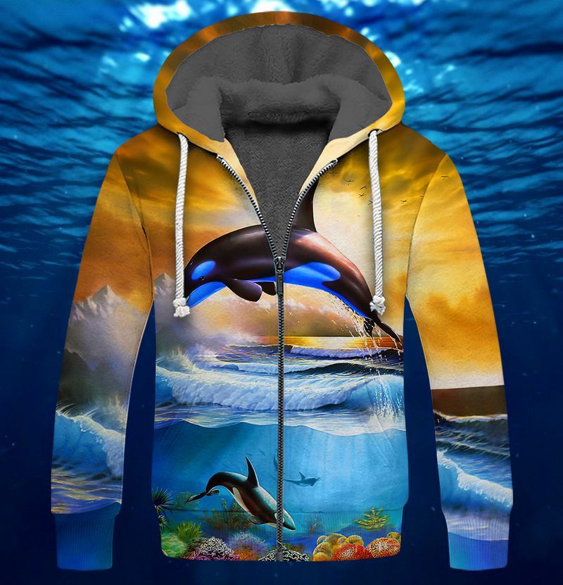 Whale Jump Out Out Water Sunset 3D Full Print Fleece Zipper