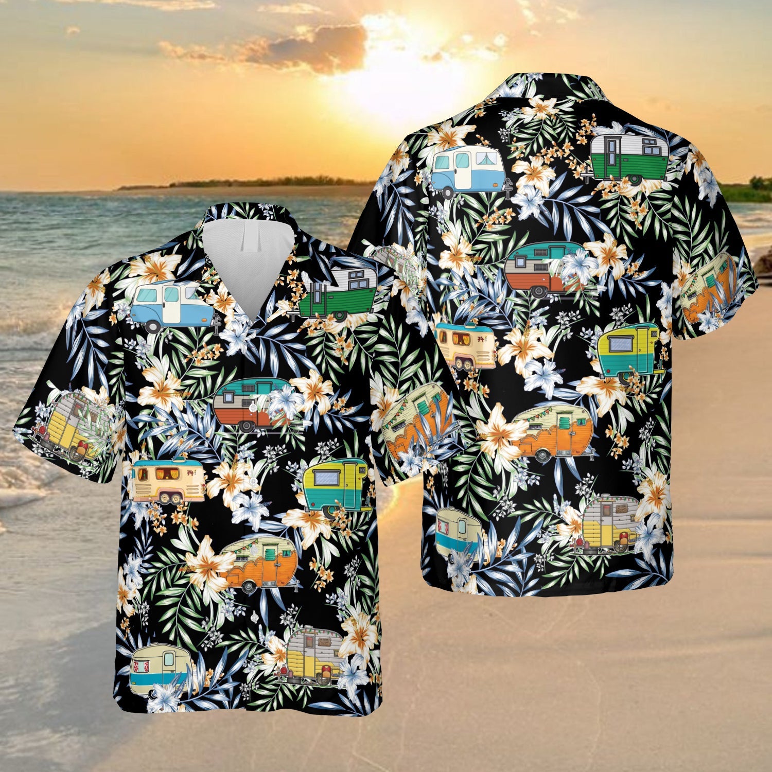 Floral Campers Black Hawaii Summer Clothing For Him Ha16493