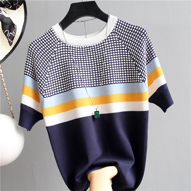 2021 NEW vintage casual summer Striped Sweater pullovers Women o-neck shor Sleeve big size sweater high quality female top alx