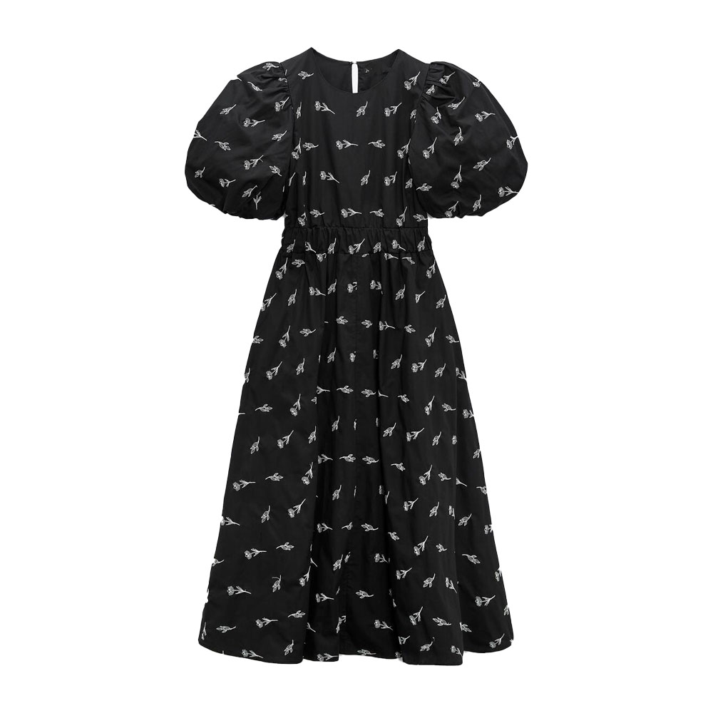 Zach AiIsa autumn and winter new women’s sweet age-reducing puff sleeves elastic waist high waist black embroidered poplin dress alx