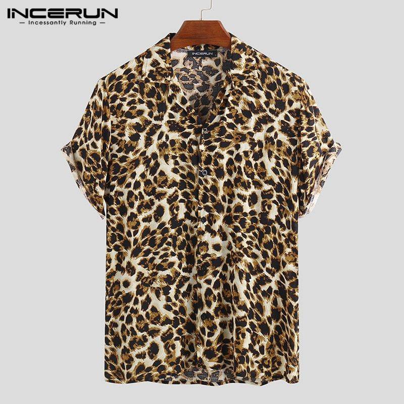 Short Sleeve Leopard Print Shirt  Lapel Neck Loose Button Blouse