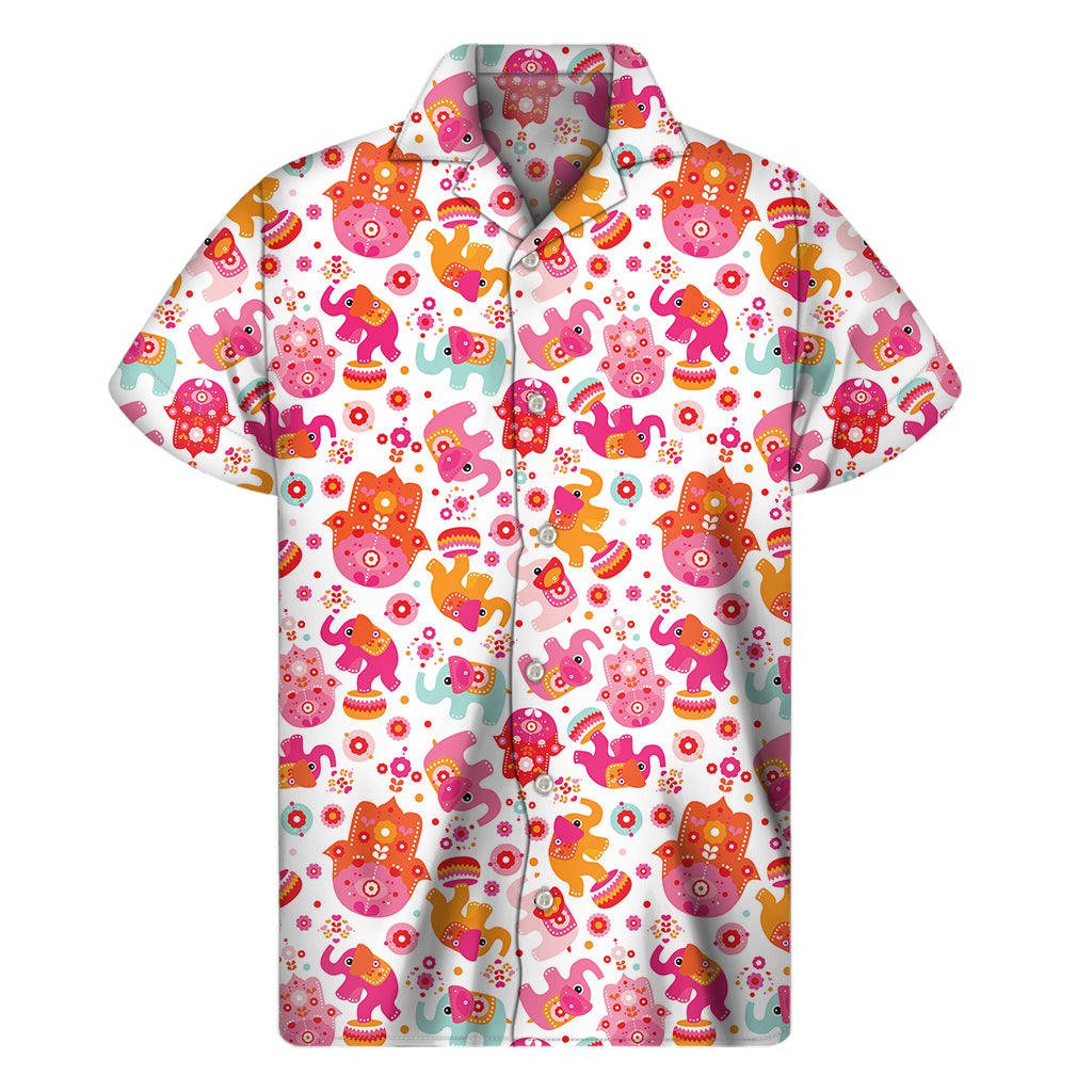 Girly Elephant And Hamsa Pattern Print Men’S Short Sleeve Shirt