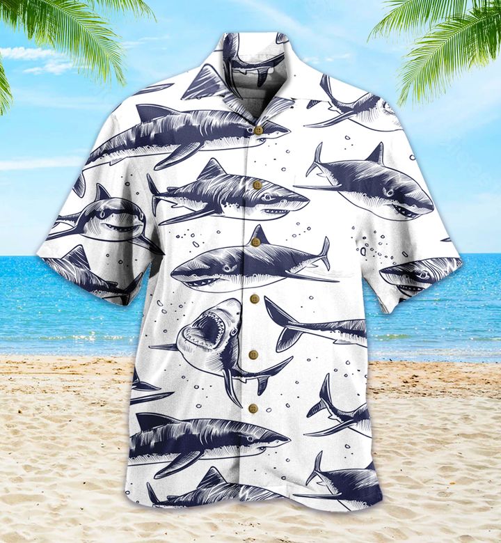 Great White Shark Pattern Blue Hawaii Shirt Ha76096