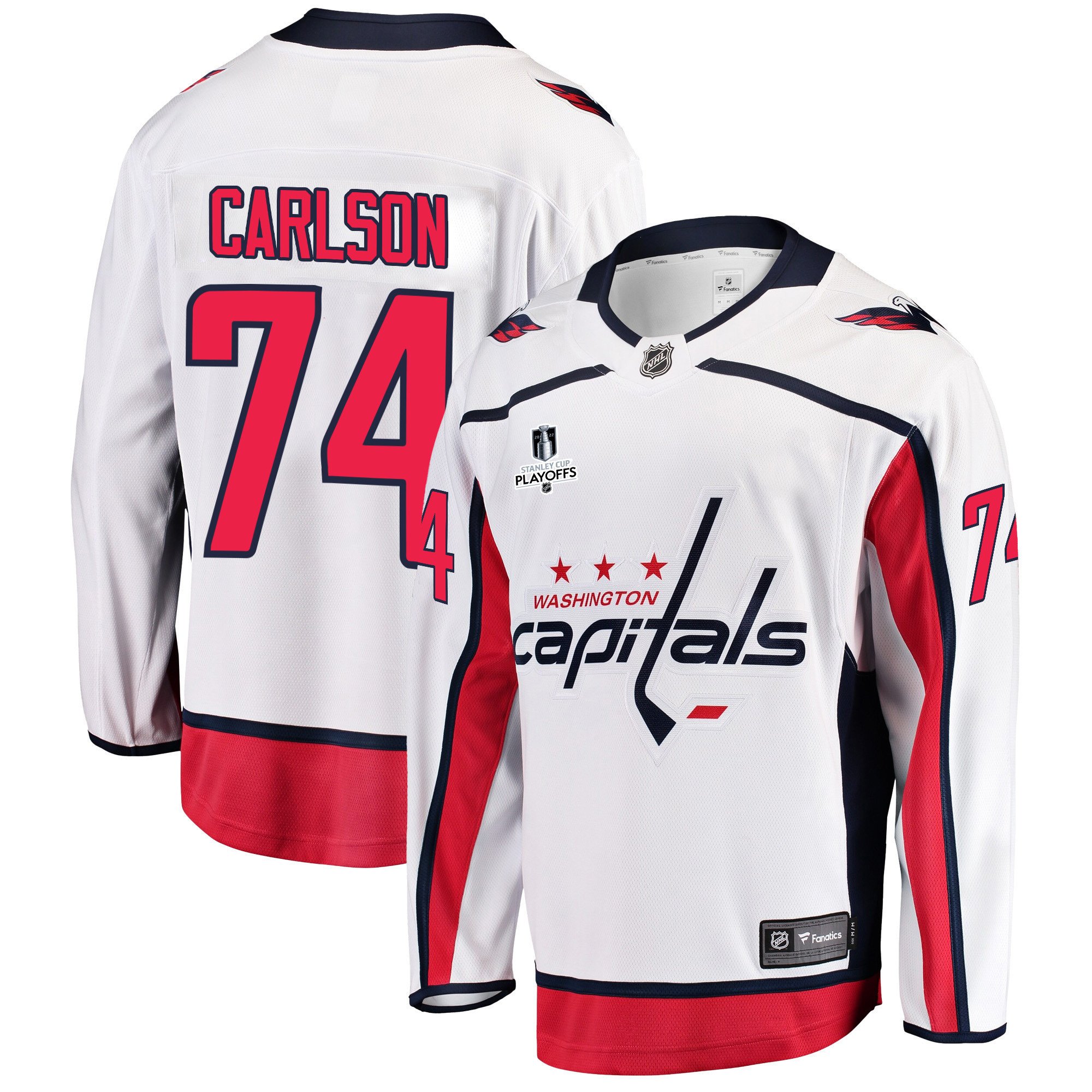 Washington Capitals John Carlson 74 Away 2022 Stanley Cup Playoffs Breakaway Men Jersey – White