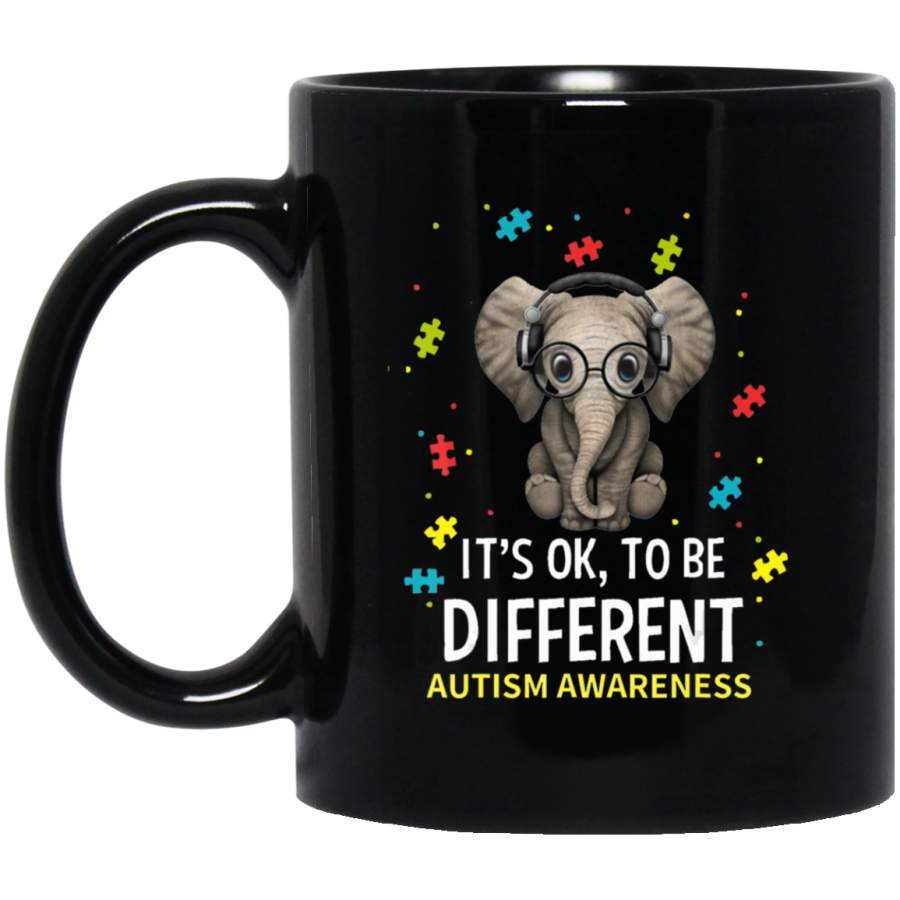 It’s Ok To Be Different Elephant Autism Awareness Gift 11oz 15oz Black Mug Idea 2nd April Puzzle Ribbon Support Autism Dad Mom Kids Autistic