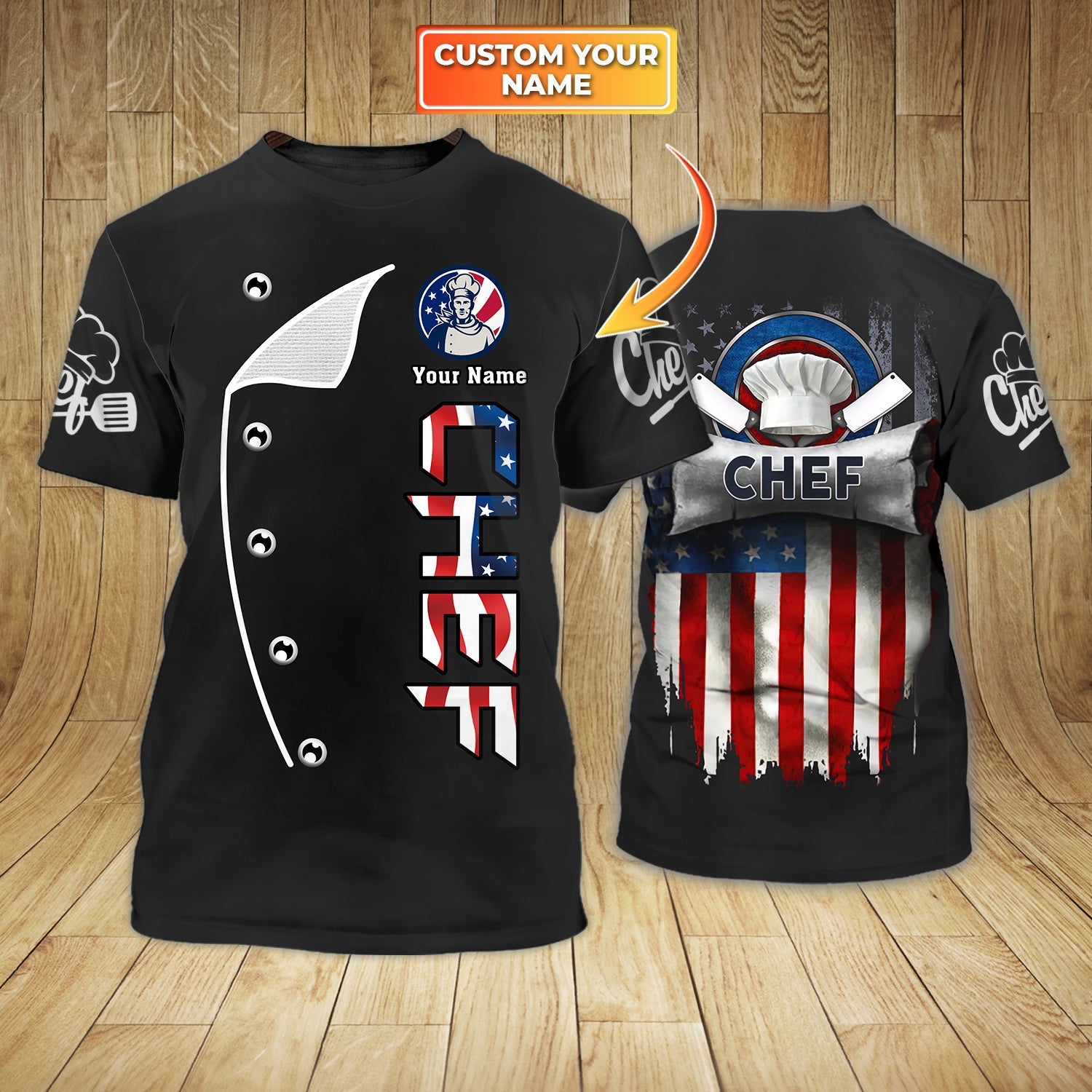 Personalized American Chef T Shirt, 3D All Over Printed Chef Shirt Usa Flag Pattern, Chef Shirt