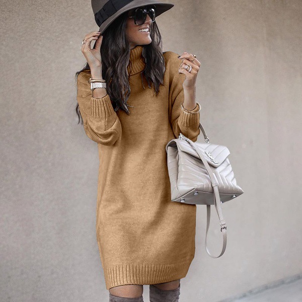 2021 Autumn Winter Turtleneck Long Sleeve Knit Sweater Long Straight Dress Korean fashion Thick Warm Tunic Pullovers Sweater alx