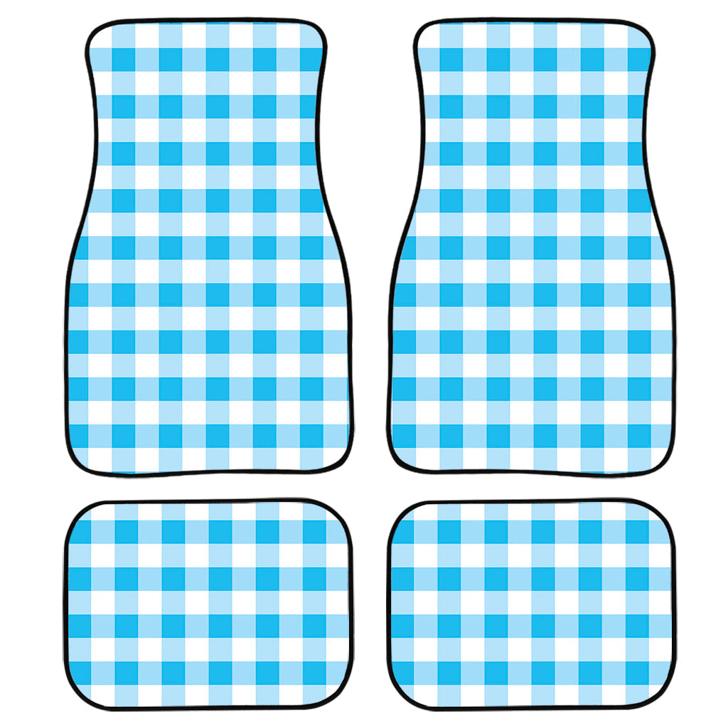 Cyan Blue And White Gingham Print Front And Back Car Floor Mats, Front Car Mat