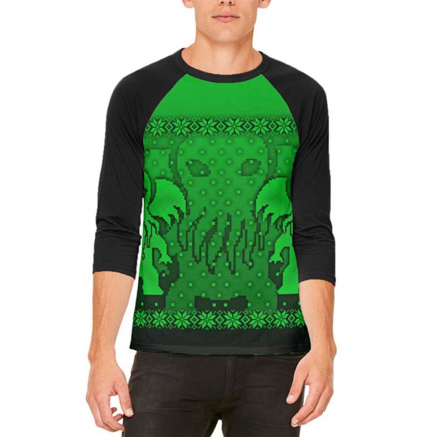 Ugly Christmas Sweater Big Cthulhu Greater Gods Mens Raglan T Shirt